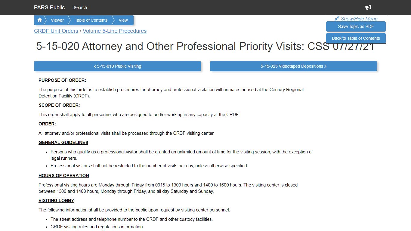 5-15-020 Attorney and Other Professional Priority Visits: CSS 07/27/21